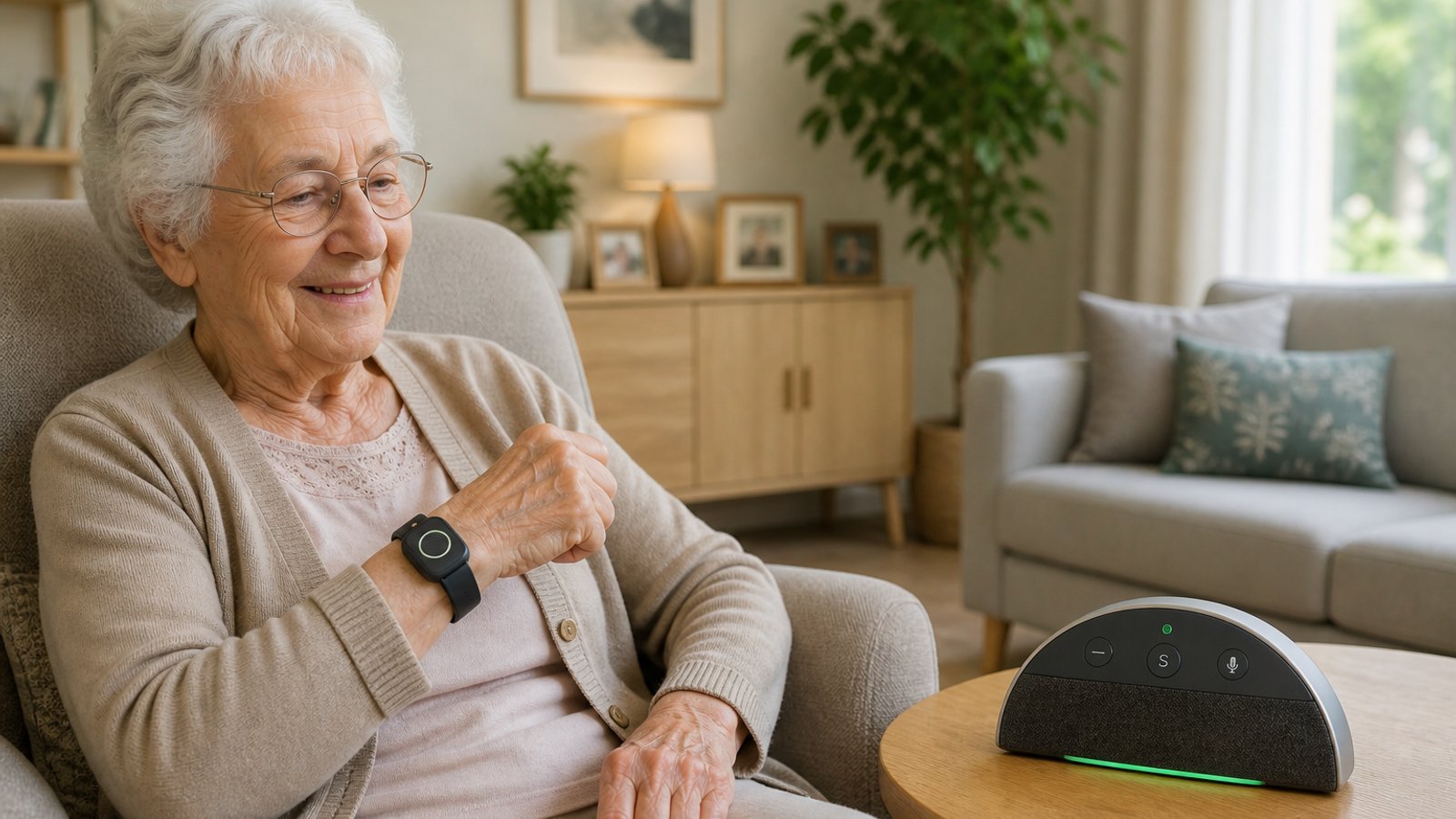 Senior souriante au téléphone, sereine chez elle — téléassistance Seniors Plus Hérault